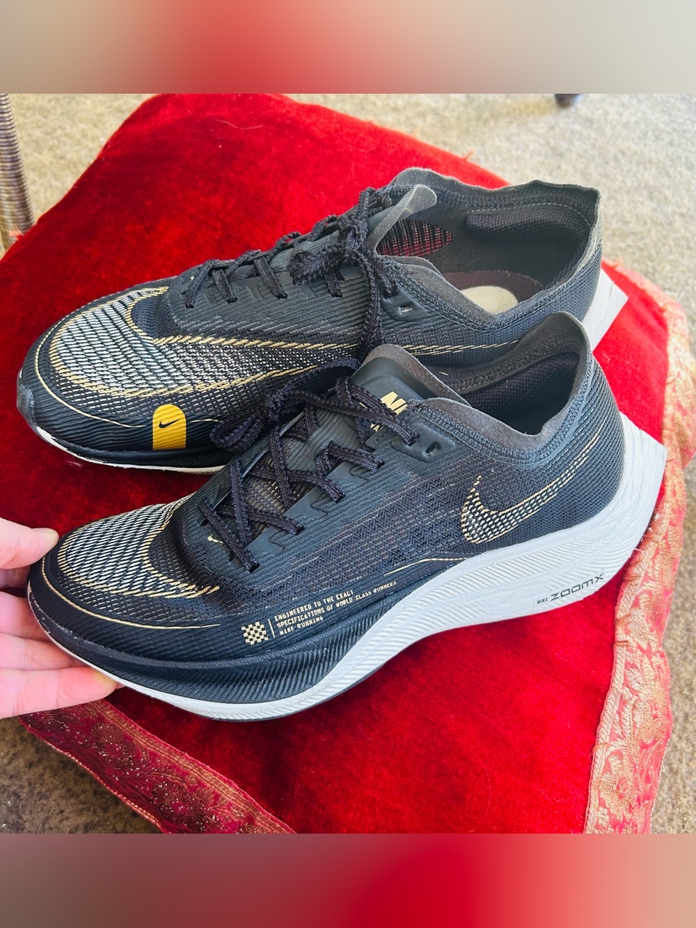 Nike ZoomX Vaporfly Next% 2 Black Metallic Gold Carbon Plated Runners
